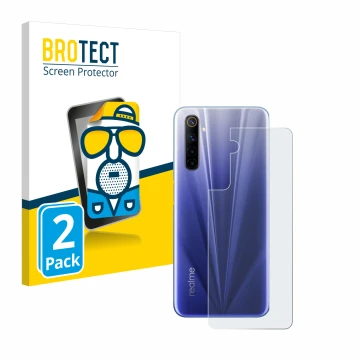 Face avant d’un emballage produit avec le logo de la marque BROTECT. À côté, l’appareil realme 6 (Arrière) est représenté avec