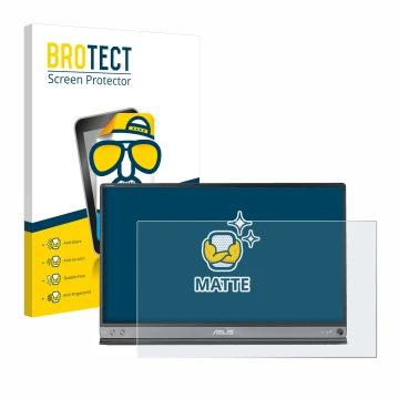 Face avant d’un emballage produit avec le logo de la marque BROTECT. À côté, l’appareil ASUS ZenScreen MB16AC est représenté a