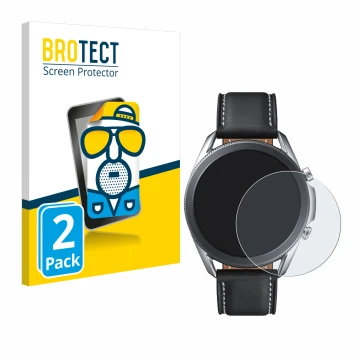 Face avant d’un emballage produit avec le logo de la marque BROTECT. À côté, l’appareil Samsung Galaxy Watch 3 (45mm) est repr