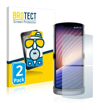 Face avant d’un emballage produit avec le logo de la marque BROTECT. À côté, l’appareil Motorola Razr 5G 2020 est représenté a