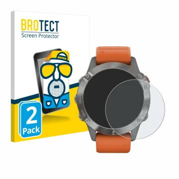Face avant d’un emballage produit avec le logo de la marque BROTECT. À côté, l’appareil Garmin Fenix 6 Pro Solar est représent