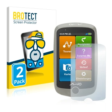 Face avant d’un emballage produit avec le logo de la marque BROTECT. À côté, l’appareil Mitac Mio Cyclo Discover est représent