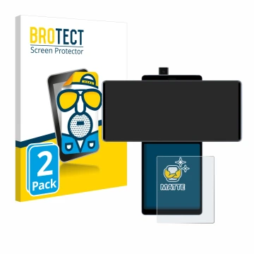 Face avant d’un emballage produit avec le logo de la marque BROTECT. À côté, l’appareil LG Wing (Affichage arrière) est représ