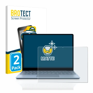 Face avant d’un emballage produit avec le logo de la marque BROTECT. À côté, l’appareil Microsoft Surface Laptop Go est représ