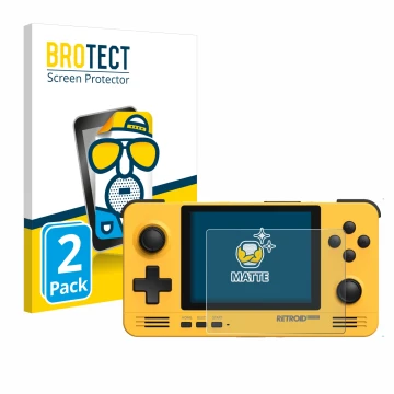 Face avant d’un emballage produit avec le logo de la marque BROTECT. À côté, l’appareil Retroid Pocket 2 est représenté avec l