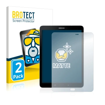 Face avant d’un emballage produit avec le logo de la marque BROTECT. À côté, l’appareil Samsung Galaxy Tab S3 est représenté a