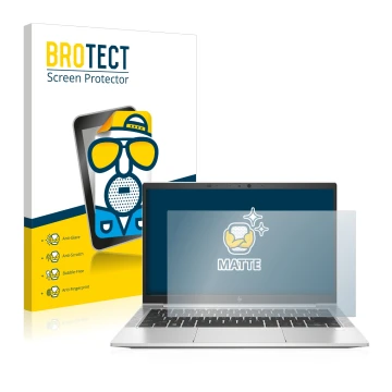 Face avant d’un emballage produit avec le logo de la marque BROTECT. À côté, l’appareil HP EliteBook 830 G7 Non-Touch est repr