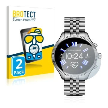 Face avant d’un emballage produit avec le logo de la marque BROTECT. À côté, l’appareil Michael Kors Access Gen 5 Lexington es