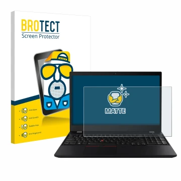 Face avant d’un emballage produit avec le logo de la marque BROTECT. À côté, l’appareil Lenovo ThinkPad T15 est représenté ave