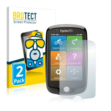 Face avant d’un emballage produit avec le logo de la marque BROTECT. À côté, l’appareil Mio Cyclo 210 est représenté avec la p