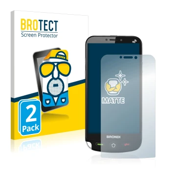 Face avant d’un emballage produit avec le logo de la marque BROTECT. À côté, l’appareil Brondi Amico Dual Sim est représenté a