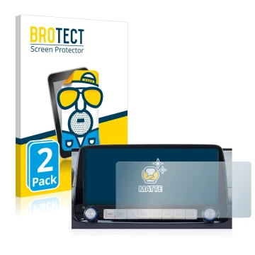 Face avant d’un emballage produit avec le logo de la marque BROTECT. À côté, l’appareil Hyundai Kona 2020 Infotainment System 