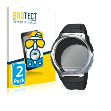 Face avant d’un emballage produit avec le logo de la marque BROTECT. À côté, l’appareil Casio Wave Ceptor WV-58 est représenté