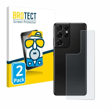 Face avant d’un emballage produit avec le logo de la marque BROTECT. À côté, l’appareil Samsung Galaxy S21 Ultra 5G (Arrière) 