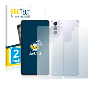 Face avant d’un emballage produit avec le logo de la marque BROTECT. À côté, l’appareil Samsung Galaxy S21 5G (Avant+Arrière) 