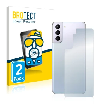 Face avant d’un emballage produit avec le logo de la marque BROTECT. À côté, l’appareil Samsung Galaxy S21 Plus 5G (Arrière) e