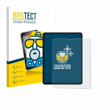 Face avant d’un emballage produit avec le logo de la marque BROTECT. À côté, l’appareil Apple iPad Pro 12.9