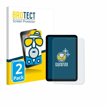 Face avant d’un emballage produit avec le logo de la marque BROTECT. À côté, l’appareil Apple iPad Mini 6 WiFi 2021 est représ