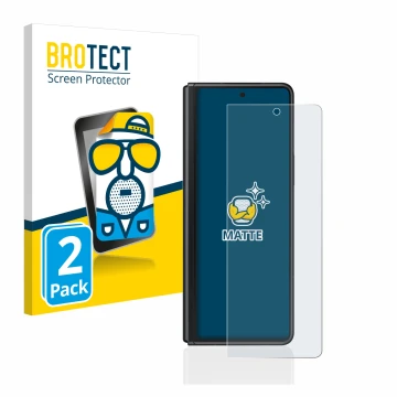 Face avant d’un emballage produit avec le logo de la marque BROTECT. À côté, l’appareil Samsung Galaxy Z Fold 3 5G est représe