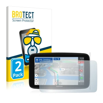 Face avant d’un emballage produit avec le logo de la marque BROTECT. À côté, l’appareil TomTom GO Discover 6