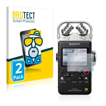 Face avant d’un emballage produit avec le logo de la marque BROTECT. À côté, l’appareil Sony PCM D100 est représenté avec la p