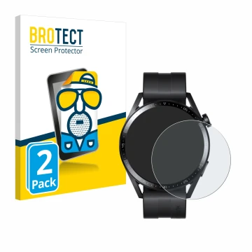 Face avant d’un emballage produit avec le logo de la marque BROTECT. À côté, l’appareil Huawei Watch GT 3 (46 mm) est représen