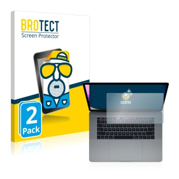 Face avant d’un emballage produit avec le logo de la marque BROTECT. À côté, l’appareil Apple MacBook Pro 15