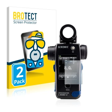 Face avant d’un emballage produit avec le logo de la marque BROTECT. À côté, l’appareil Sekonic L858D est représenté avec la p