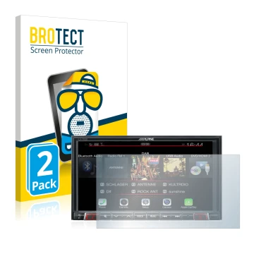 Face avant d’un emballage produit avec le logo de la marque BROTECT. À côté, l’appareil Alpine iLX-702D est représenté avec la