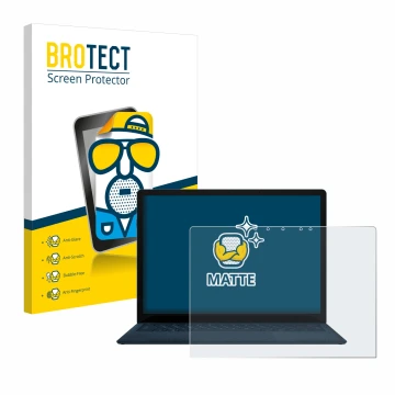 Face avant d’un emballage produit avec le logo de la marque BROTECT. À côté, l’appareil Microsoft Surface Laptop 4 13.5