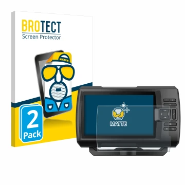 Face avant d’un emballage produit avec le logo de la marque BROTECT. À côté, l’appareil Garmin Striker Vivid 7cv est représent