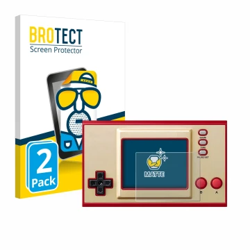 Face avant d’un emballage produit avec le logo de la marque BROTECT. À côté, l’appareil Nintendo Game & Watch Super Mario Bros