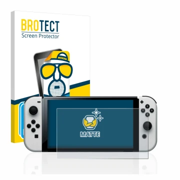 Face avant d’un emballage produit avec le logo de la marque BROTECT. À côté, l’appareil Nintendo Switch OLED-Modell est représ