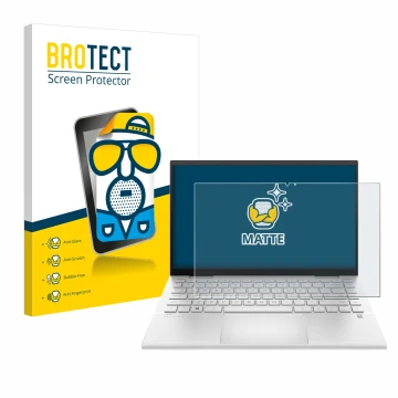 Face avant d’un emballage produit avec le logo de la marque BROTECT. À côté, l’appareil HP Pavilion x360 (14-dyX) est représen