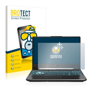 Face avant d’un emballage produit avec le logo de la marque BROTECT. À côté, l’appareil ASUS TUF Gaming A15 est représenté ave