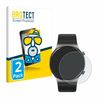 Face avant d’un emballage produit avec le logo de la marque BROTECT. À côté, l’appareil Huawei Watch GT 2 Pro ECG est représen
