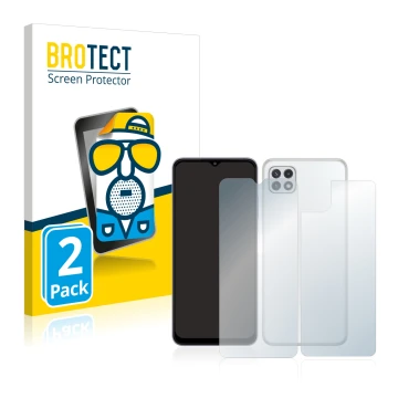 Face avant d’un emballage produit avec le logo de la marque BROTECT. À côté, l’appareil Samsung Galaxy A22 5G (Avant+Arrière) 