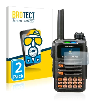 Face avant d’un emballage produit avec le logo de la marque BROTECT. À côté, l’appareil Yaesu FT-70DR est représenté avec la p