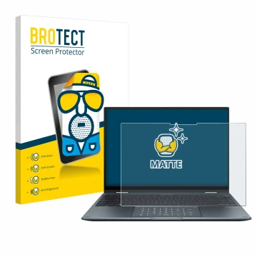 Face avant d’un emballage produit avec le logo de la marque BROTECT. À côté, l’appareil ASUS ZenBook 14 Flip OLED est représen