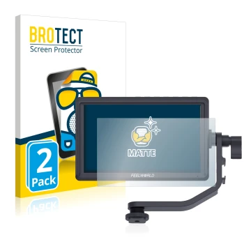 Face avant d’un emballage produit avec le logo de la marque BROTECT. À côté, l’appareil Feelworld FW568 5.5