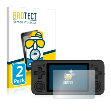 Face avant d’un emballage produit avec le logo de la marque BROTECT. À côté, l’appareil Anbernic RG351P est représenté avec la