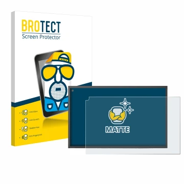 Face avant d’un emballage produit avec le logo de la marque BROTECT. À côté, l’appareil Amazon Echo Show 15 est représenté ave