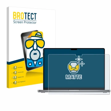 Face avant d’un emballage produit avec le logo de la marque BROTECT. À côté, l’appareil Apple MacBook Pro 16