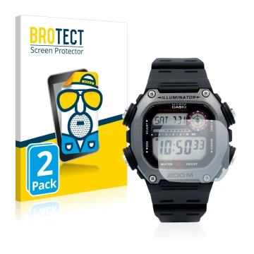 Face avant d’un emballage produit avec le logo de la marque BROTECT. À côté, l’appareil Casio DW-291H est représenté avec la p