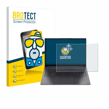 Face avant d’un emballage produit avec le logo de la marque BROTECT. À côté, l’appareil Lenovo Yoga Slim 7 Pro 14