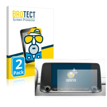 Face avant d’un emballage produit avec le logo de la marque BROTECT. À côté, l’appareil Hyundai Kona 2021 Infotainment System 