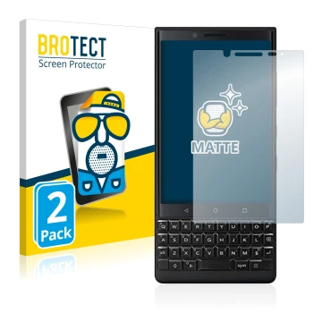 Face avant d’un emballage produit avec le logo de la marque BROTECT. À côté, l’appareil BlackBerry Key2 (Dual Sim) est représe