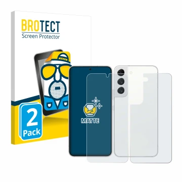 Face avant d’un emballage produit avec le logo de la marque BROTECT. À côté, l’appareil Samsung Galaxy S22 5G (Avant+Arrière) 