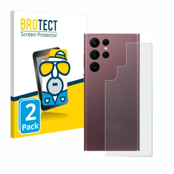 Face avant d’un emballage produit avec le logo de la marque BROTECT. À côté, l’appareil Samsung Galaxy S22 Ultra 5G (Arrière) 