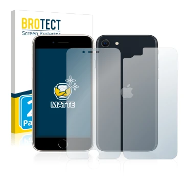 Face avant d’un emballage produit avec le logo de la marque BROTECT. À côté, l’appareil Apple iPhone SE 3 2022 (Avant+Arrière)